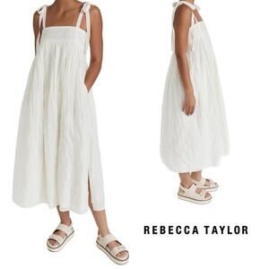 nwot REBECCA TAYLOR Dress M White Silk Cotton Embroidery Crinkle A-Line Pleated